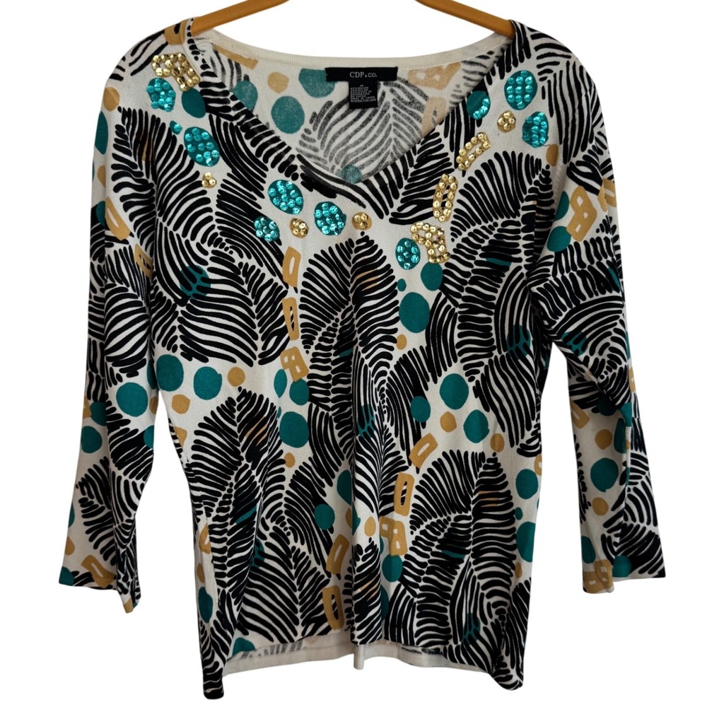 CDP‎ & Co Women's Printed Sweater 3/4 Sleeve Embellished V-Neck Top M